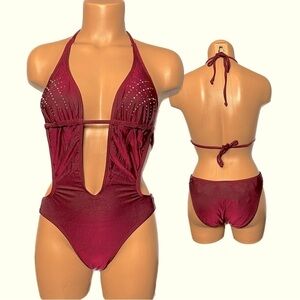 Nwt GUESS Rock Star Rhinestone Embellished Plunge 1 Piece Swimsuit (SW06)
